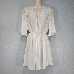 Jonquil Diane Samandi White Chiffon Floral Lace Trim Short Robe Peignoir Size L